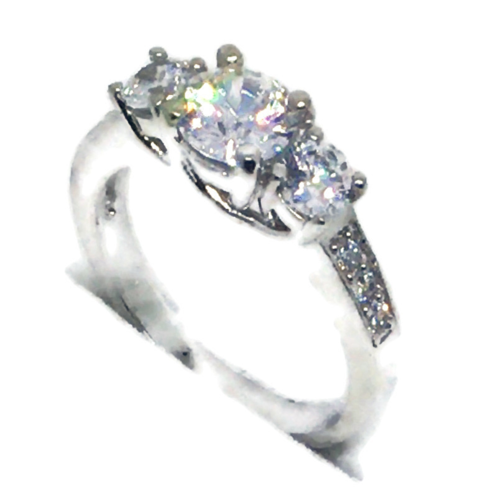 Row Of 4 Prong Cz White Gold On Silver Ring Band
